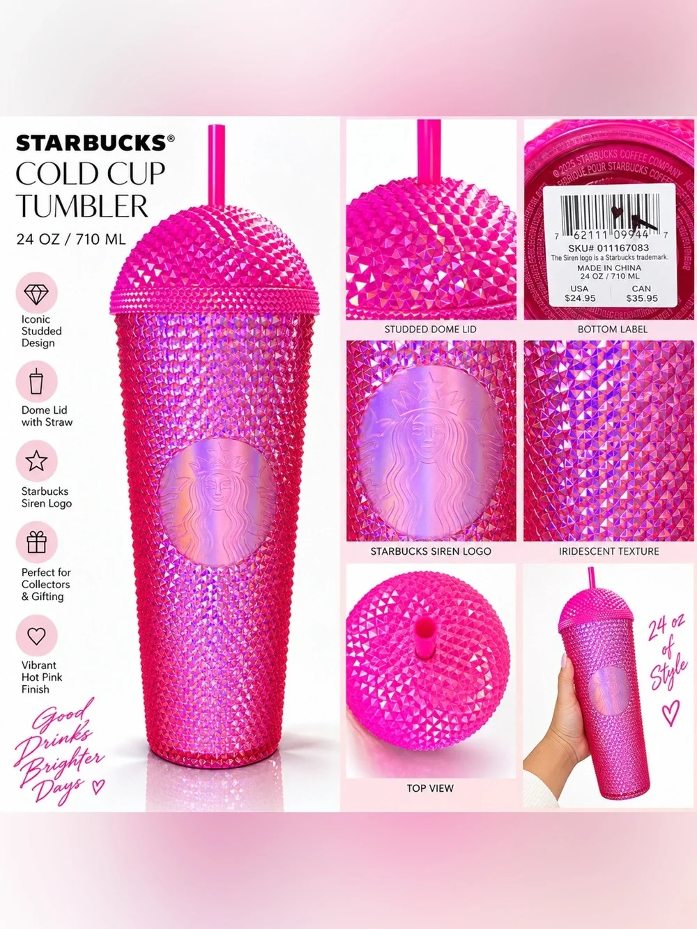 Starbucks Hot Pink Iridescent Studded Cold Cup Tumbler 24 oz w/ Straw